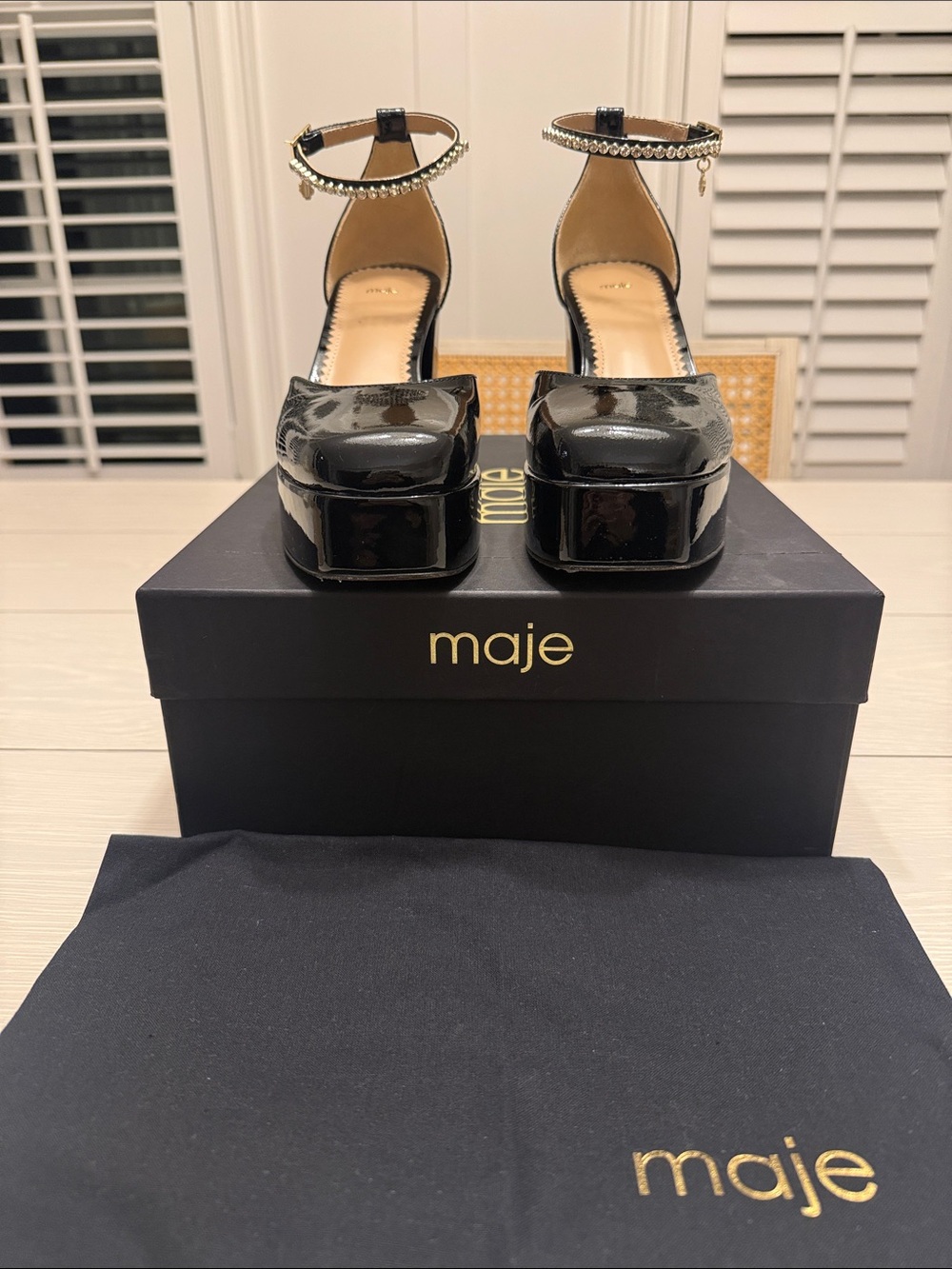 maje Black Patent Platform Ankle-Strap Sandals with Jeweled Anklets